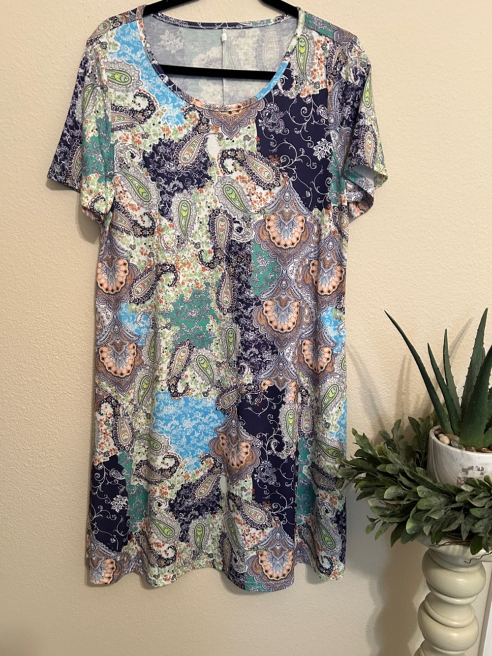 Paisley Patchwork Short Sleeve Dress in Navy, Teal & Cream